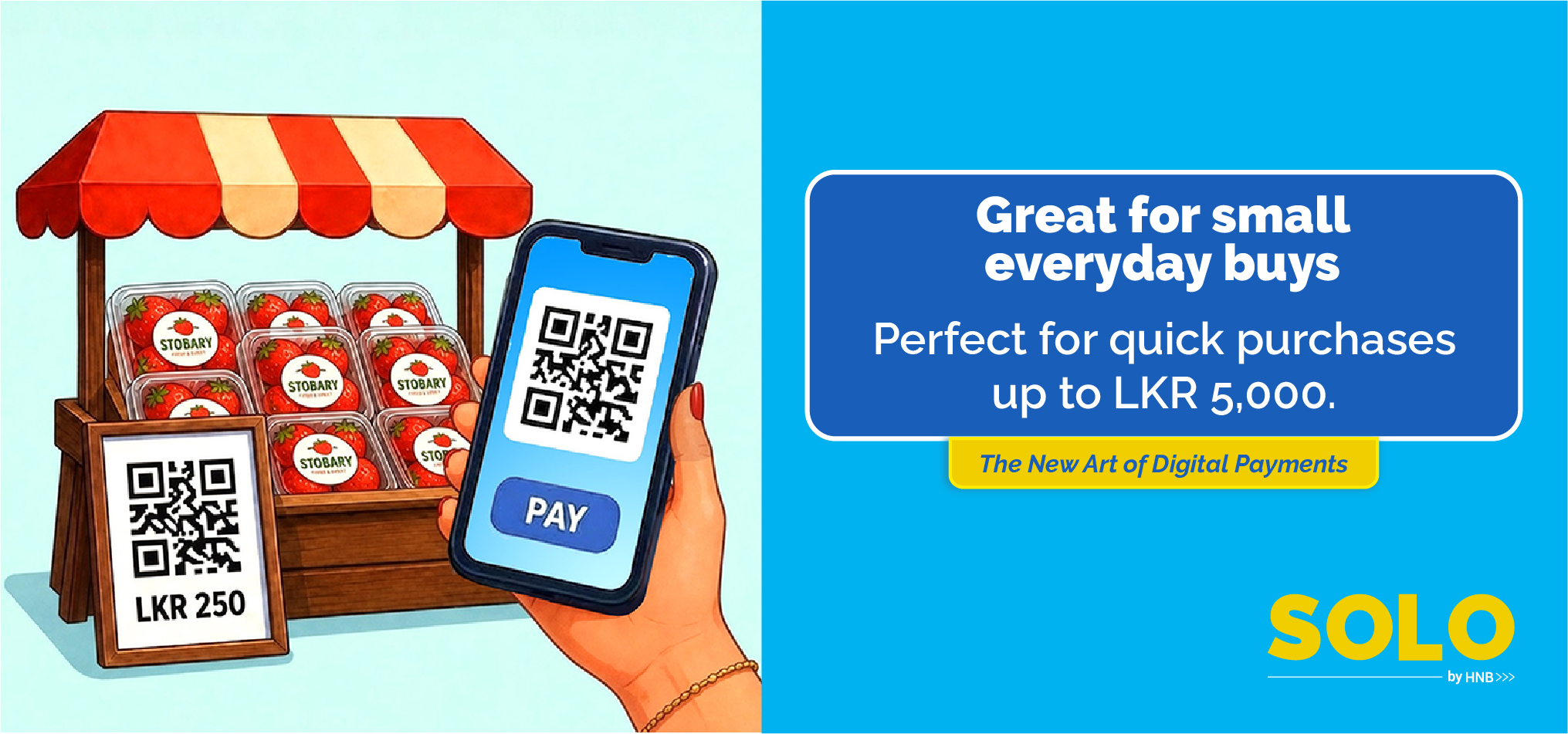 Fruit stand selling strawberries with QR code payment on a smartphone screen; price tag shows LKR 250.