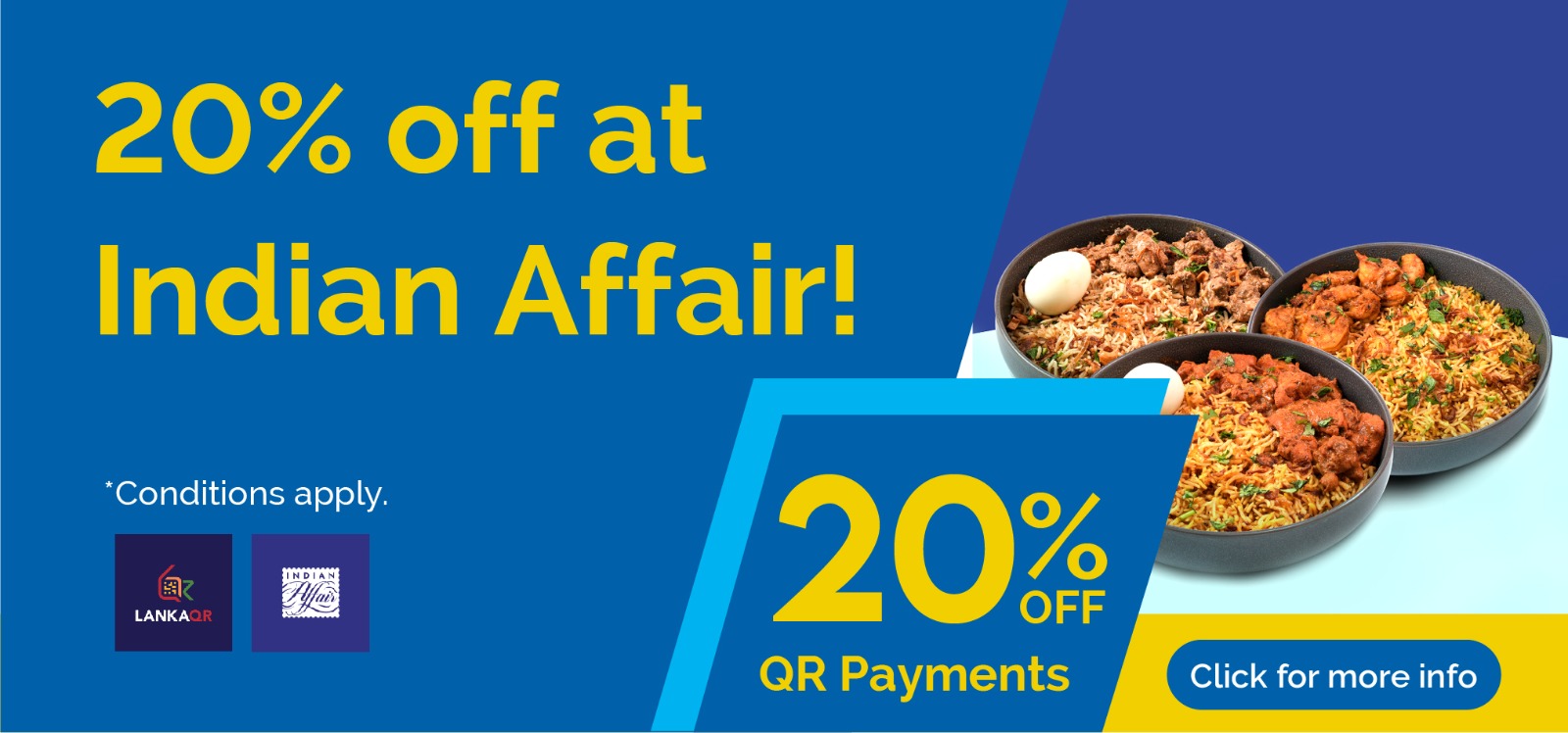 Promo banner: 20% off at Indian Affair with QR payments; image shows bowls of rice dishes on the right and blue/yellow design on left side.