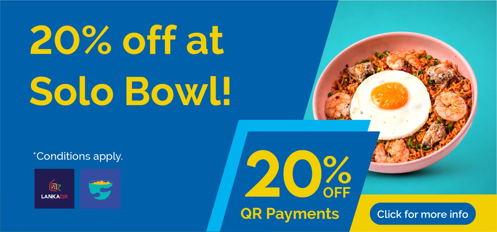 Promo banner offering 20% off at Solo Bowl, with a shrimp fried-rice bowl on the right.