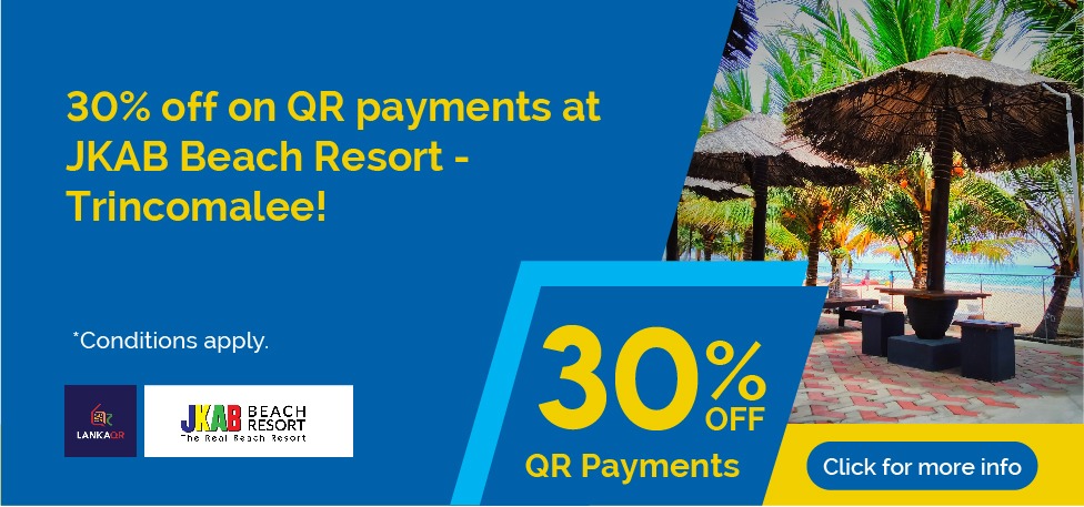Ad banner promoting 30% off QR payments at JKAB Beach Resort, Trincomalee; includes logos and a 'Click for more info' button.