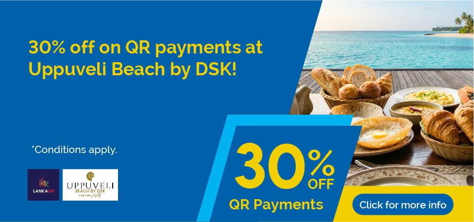 Promotional blue banner offering 30% off QR payments at Uppuve li Beach by DSK, with a beach scene and breakfast spread on a table; includes a 'Click for more info' button.
