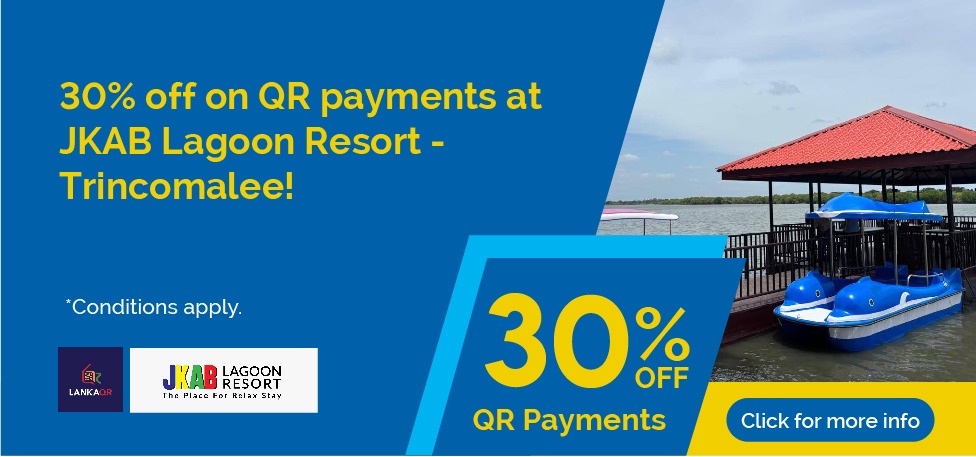 Promo banner advertising 30% off QR payments at JKAB Lagoon Resort, Trincomalee, with a blue CTA button labeled 'Click for more info' and resort logos on the left.