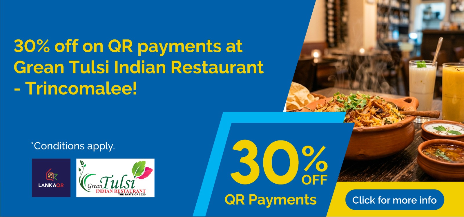 Promo banner offering 30% off QR payments at Green Tulsi Indian Restaurant (Trincomalee), with food imagery on the right and a 'Click for more info' button.