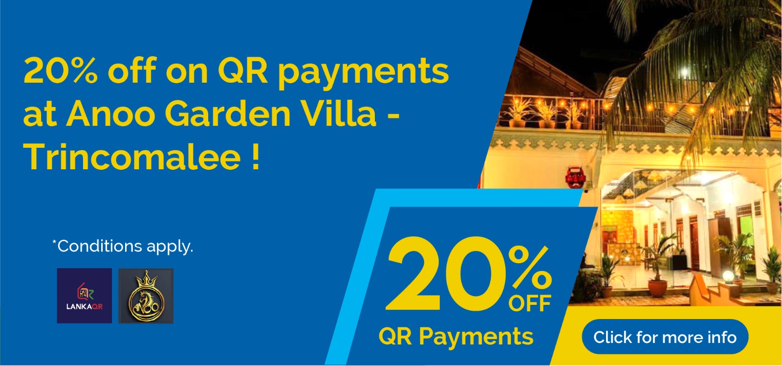Promo banner: 20% off QR payments at Anoo Garden Villa, Trincomalee, with a 'Click for more info' CTA.