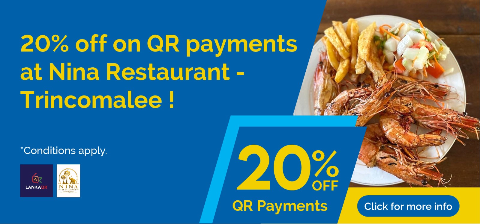 Promotional banner offering 20% off QR payments at Nina Restaurant (Trincomalee) with a seafood plate on the right.