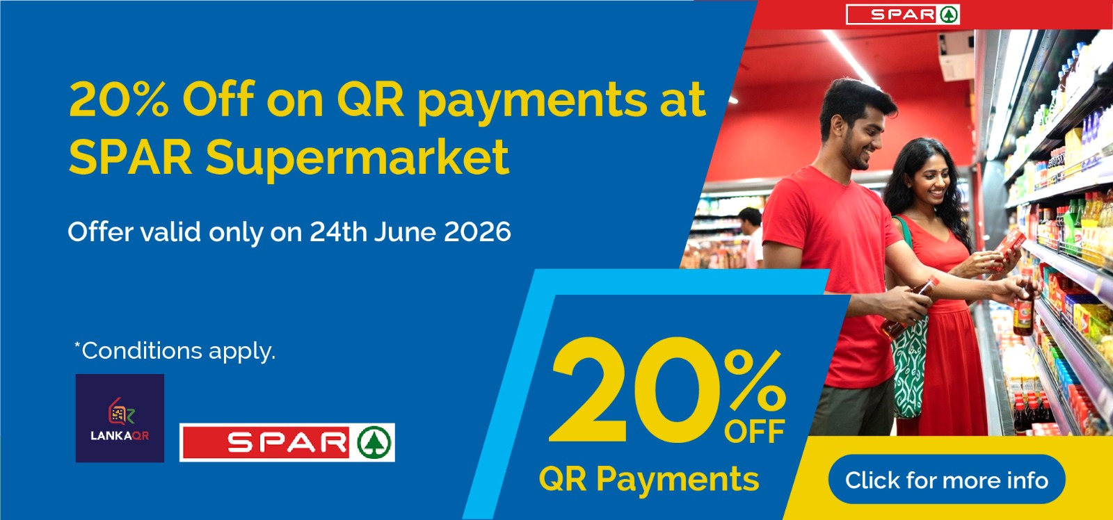 Promotional banner: 20% off QR payments at SPAR Supermarket; offer valid June 24, 2026. Includes LankaQR and SPAR logos.